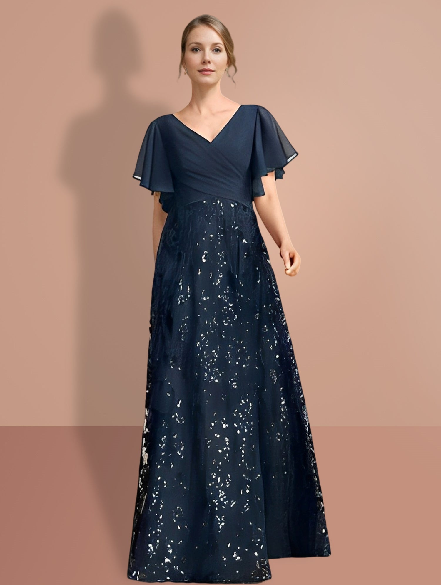 V-Neck A-Line Princess Floor-Length Mother of the Bride Dress with Short Sleeves and Sequins