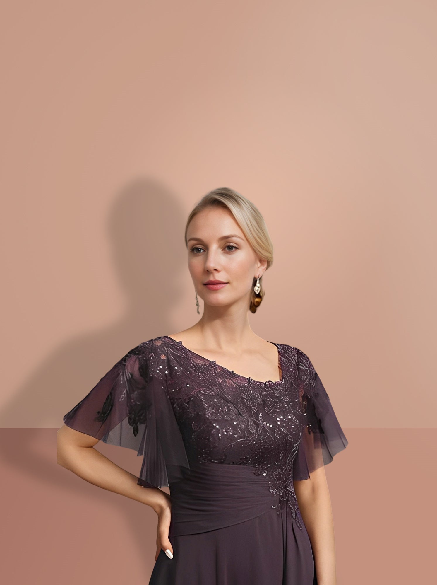 Short-Sleeve A-Line Princess Mother of the Bride Dress with Asymmetrical Design