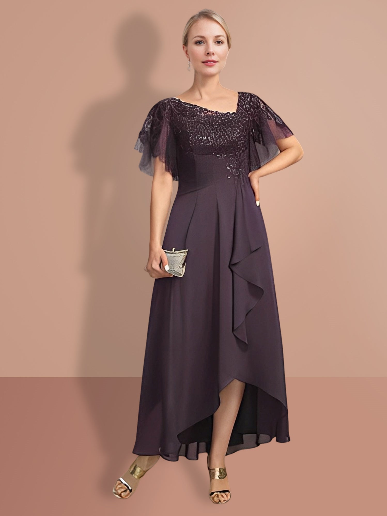 Short-Sleeve A-Line Princess Mother of the Bride Dress with Asymmetrical Design