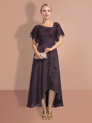 Short-Sleeve A-Line Princess Mother of the Bride Dress with Asymmetrical Design