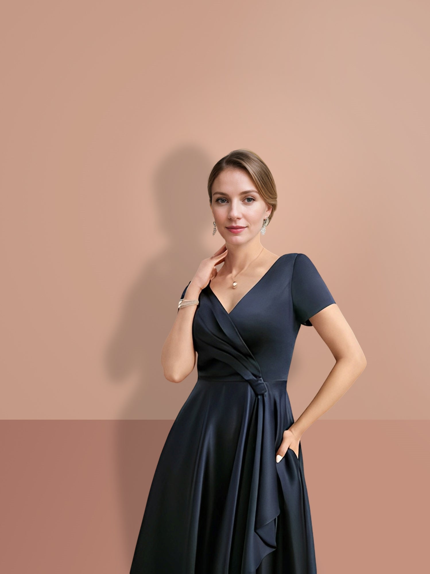 V-Neck A-Line Princess Short-Sleeve Mother of the Bride Dress