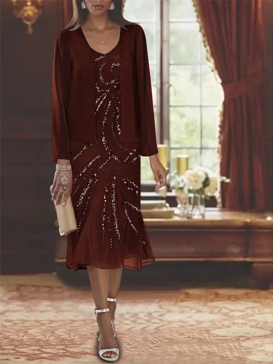 2-Piece V-Neck Chiffon Mother of the Bride Dress Set with Knee-Length Jacket and Sequins