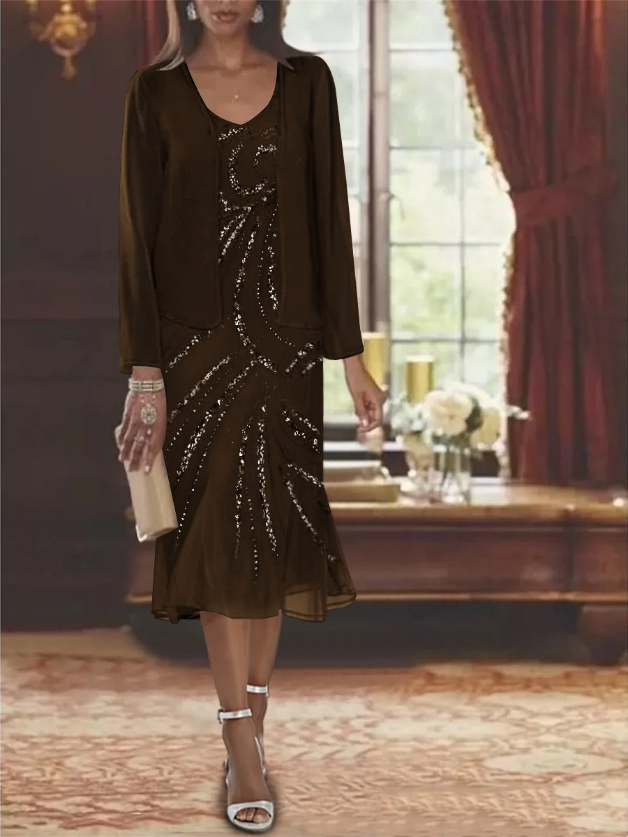 2-Piece V-Neck Chiffon Mother of the Bride Dress Set with Knee-Length Jacket and Sequins