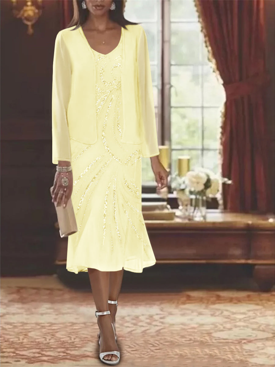 2-Piece V-Neck Chiffon Mother of the Bride Dress Set with Knee-Length Jacket and Sequins