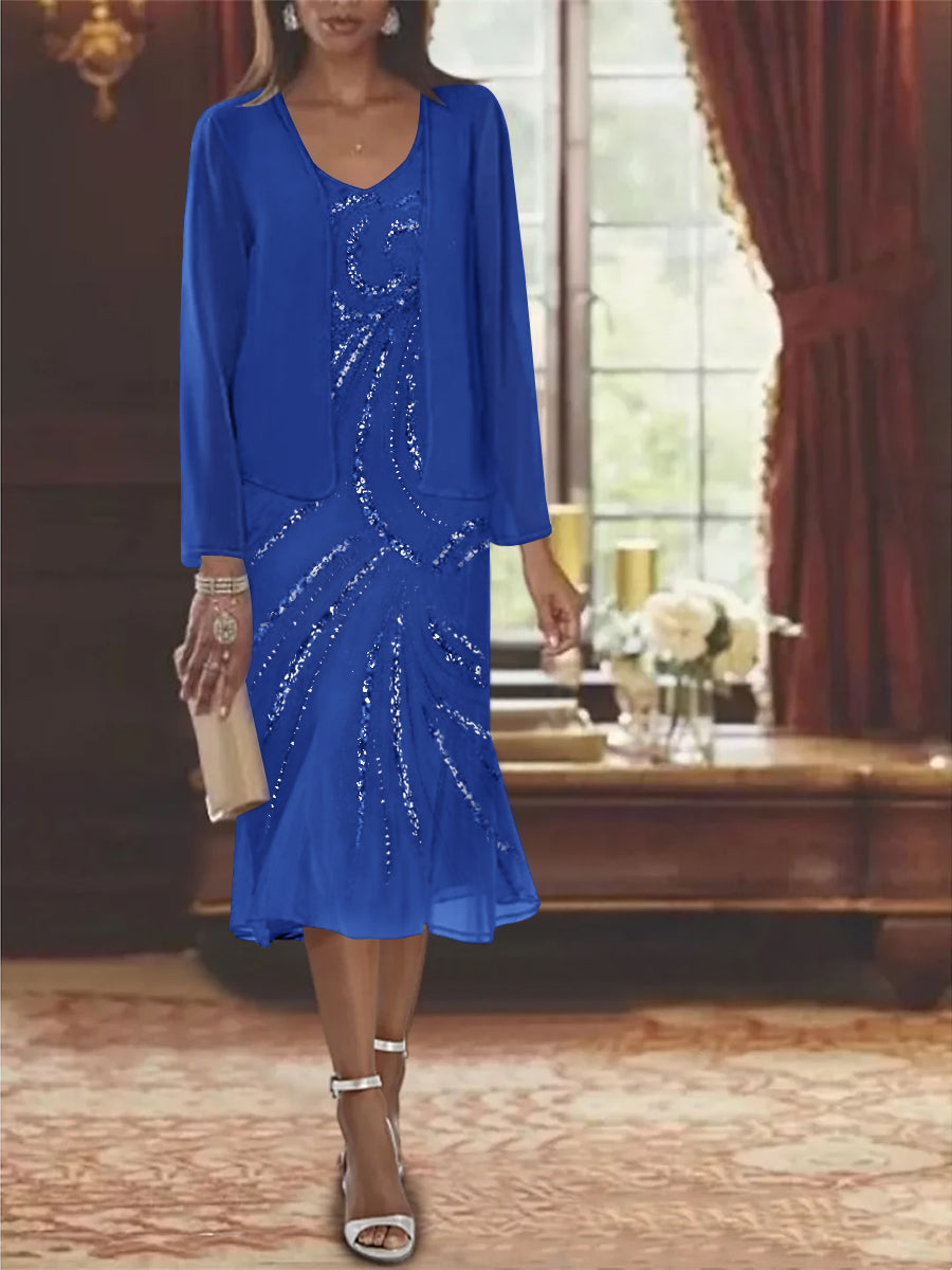 2-Piece V-Neck Chiffon Mother of the Bride Dress Set with Knee-Length Jacket and Sequins