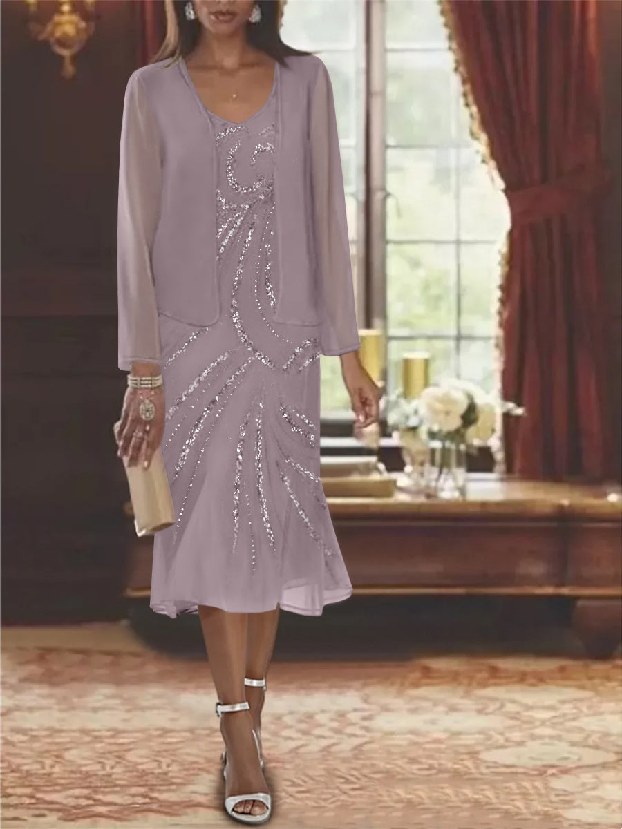 2-Piece V-Neck Chiffon Mother of the Bride Dress Set with Knee-Length Jacket and Sequins