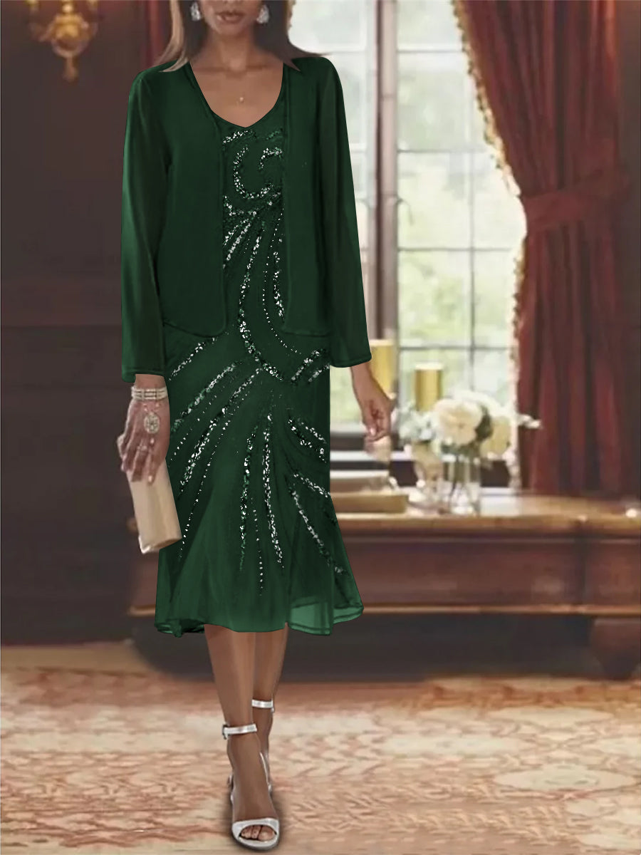 2-Piece V-Neck Chiffon Mother of the Bride Dress Set with Knee-Length Jacket and Sequins