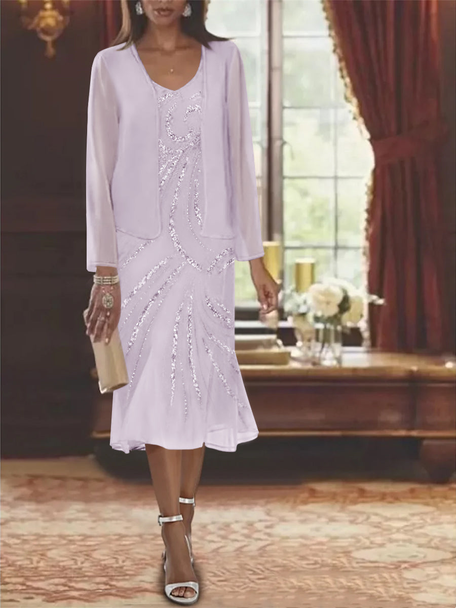 2-Piece V-Neck Chiffon Mother of the Bride Dress Set with Knee-Length Jacket and Sequins