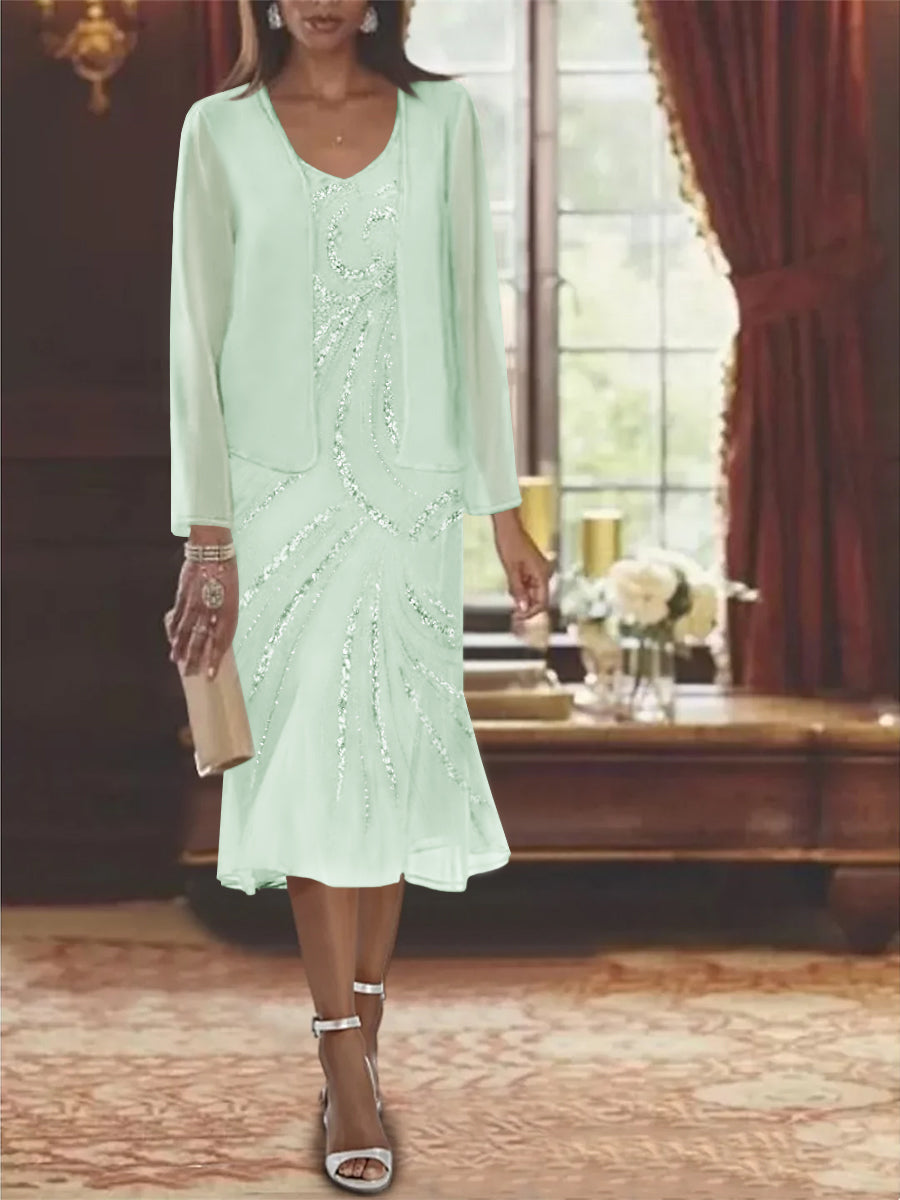 2-Piece V-Neck Chiffon Mother of the Bride Dress Set with Knee-Length Jacket and Sequins