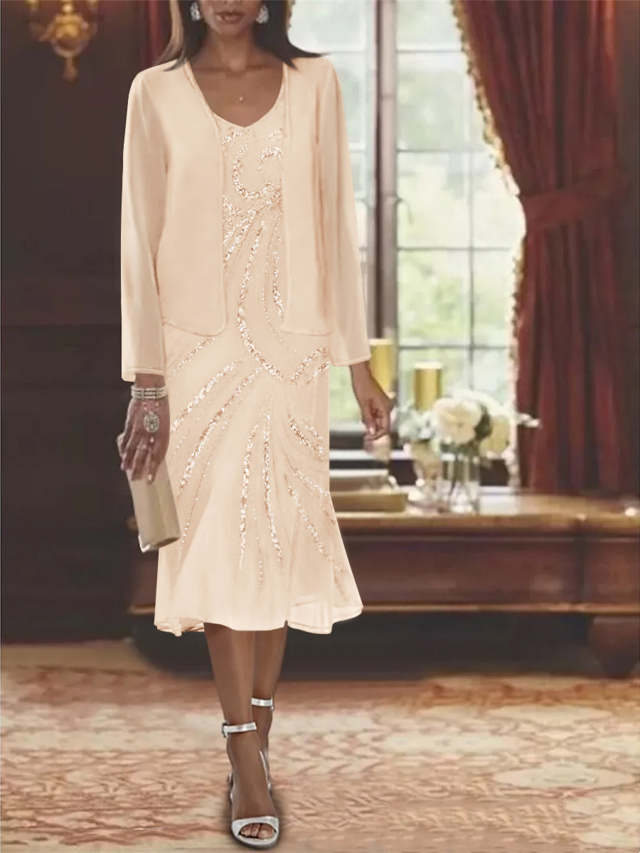 2-Piece V-Neck Chiffon Mother of the Bride Dress Set with Knee-Length Jacket and Sequins