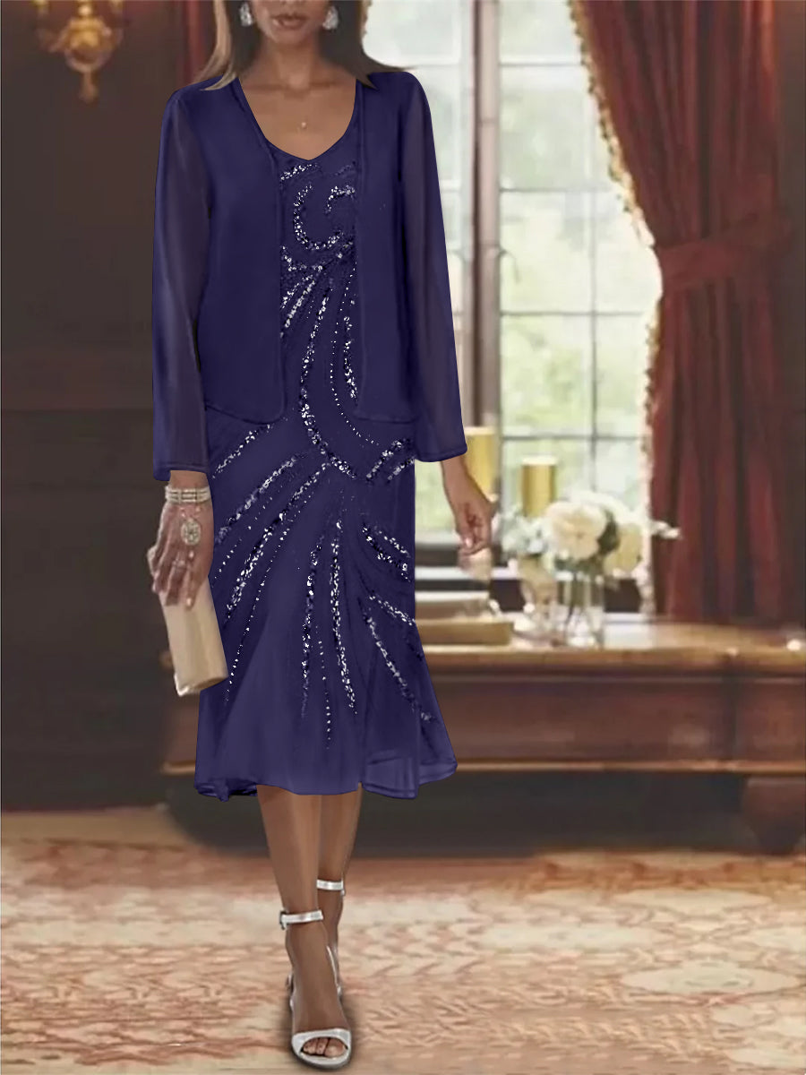 2-Piece V-Neck Chiffon Mother of the Bride Dress Set with Knee-Length Jacket and Sequins