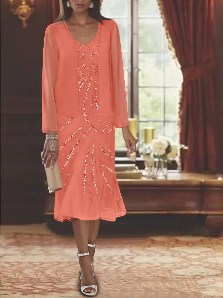 2-Piece V-Neck Chiffon Mother of the Bride Dress Set with Knee-Length Jacket and Sequins