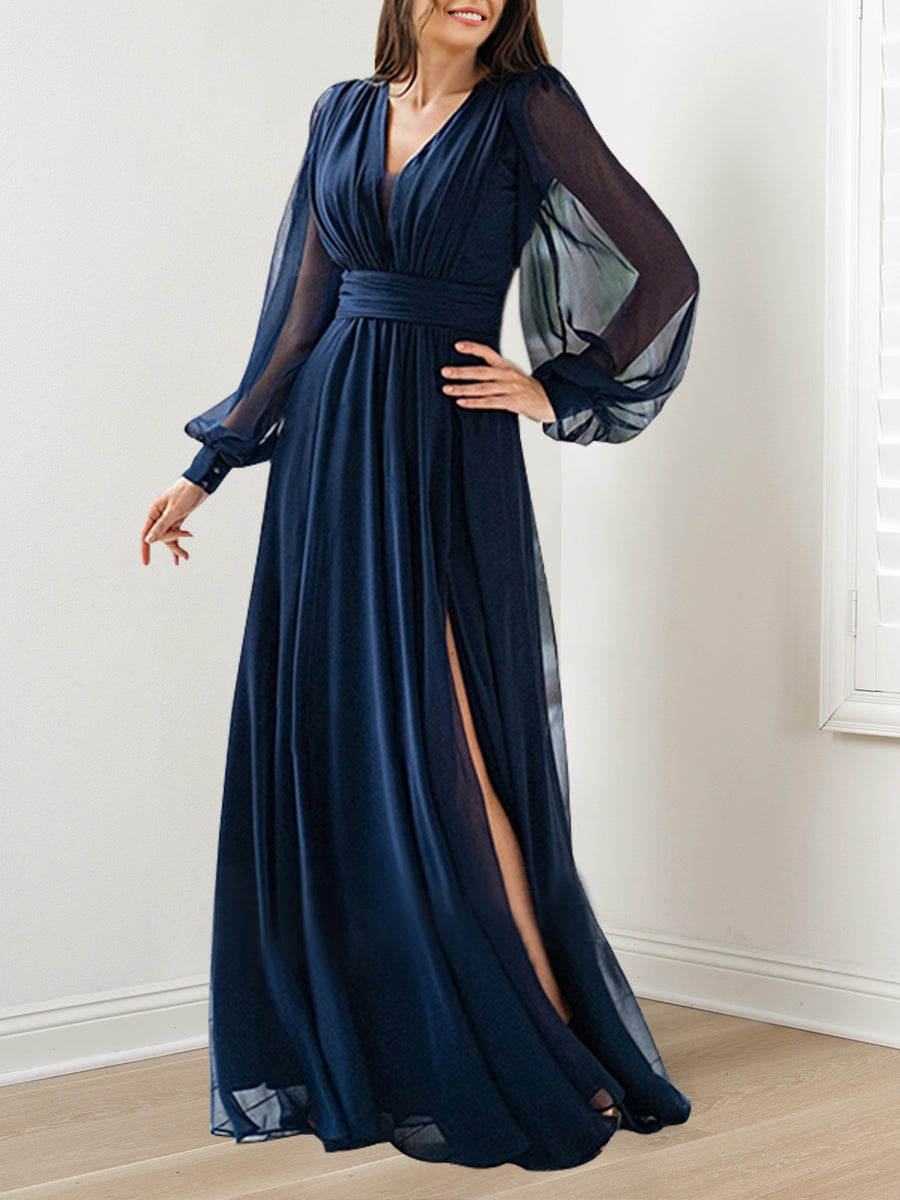 Floor-Length V-Neck A-Line Princess Gown with Ruffles for the Mother of the Bride