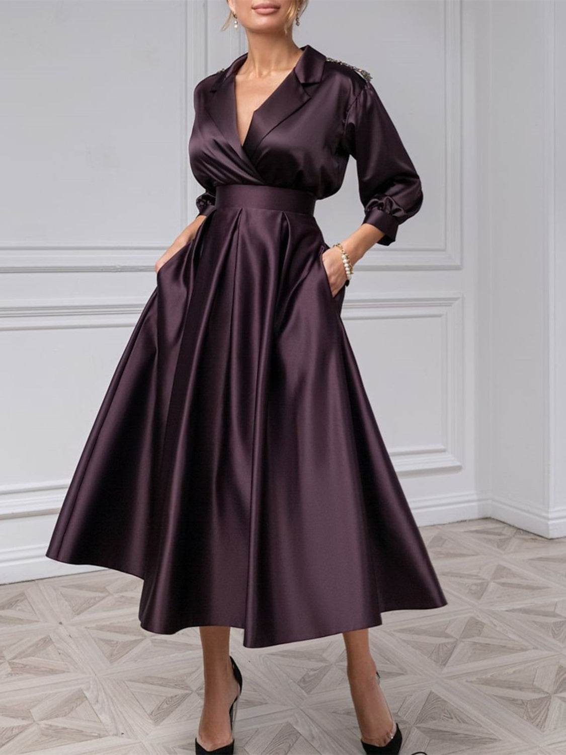 V-Neck A-Line Princess Gown with 3/4 Sleeves and Beading for the Mother of the Bride