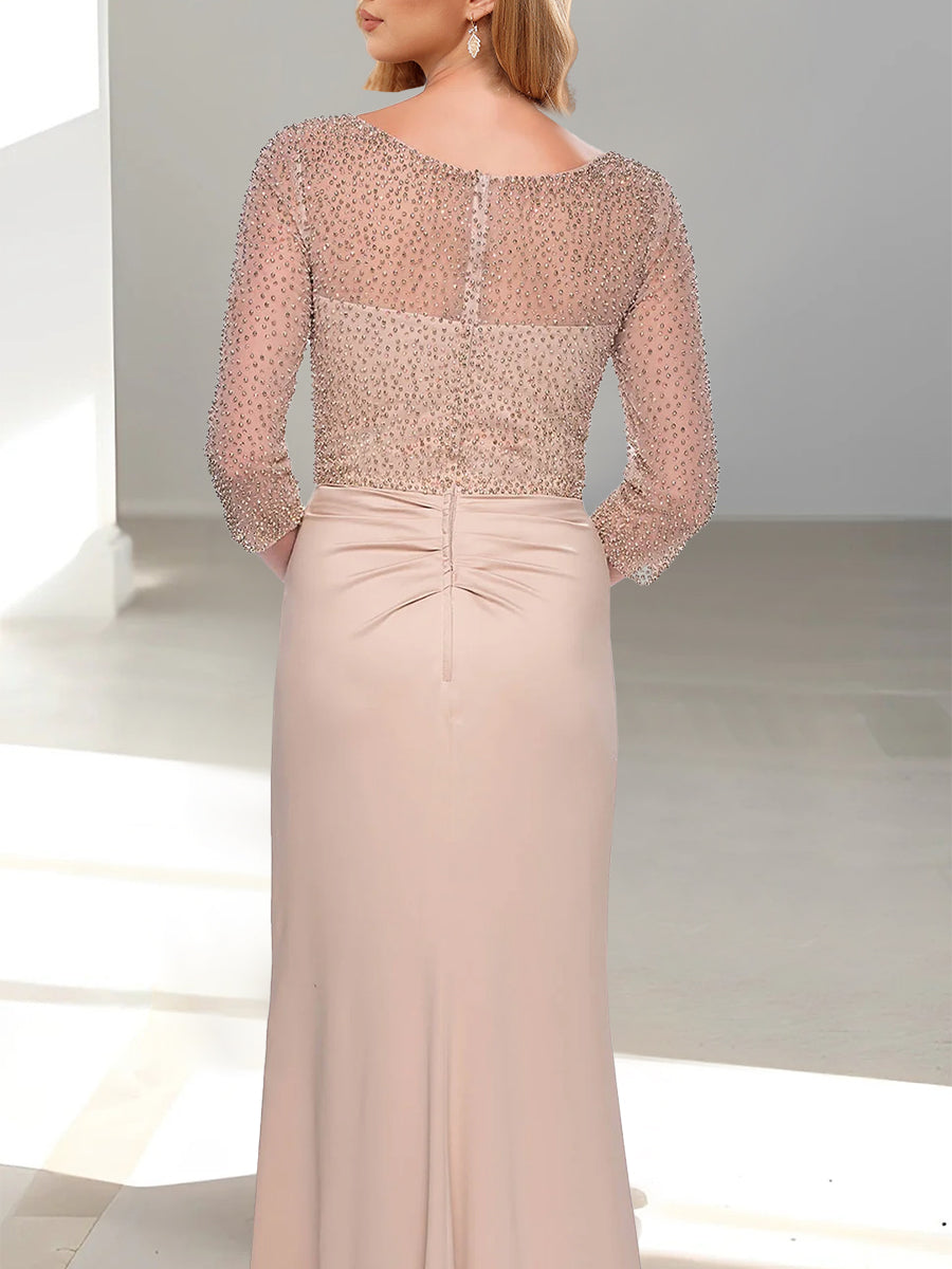 V-Neck 3/4 Sleeve Trumpet/Mermaid Mother of the Bride Dress with Beading