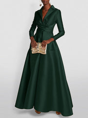 Floor-length V-Neck Evening Gowns with Long Sleeves in A-Line/Princess Cut