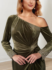 Floor-Length Mother of the Bride A-Line Dress with Beaded Cuffs and Asymmetrical Neckline