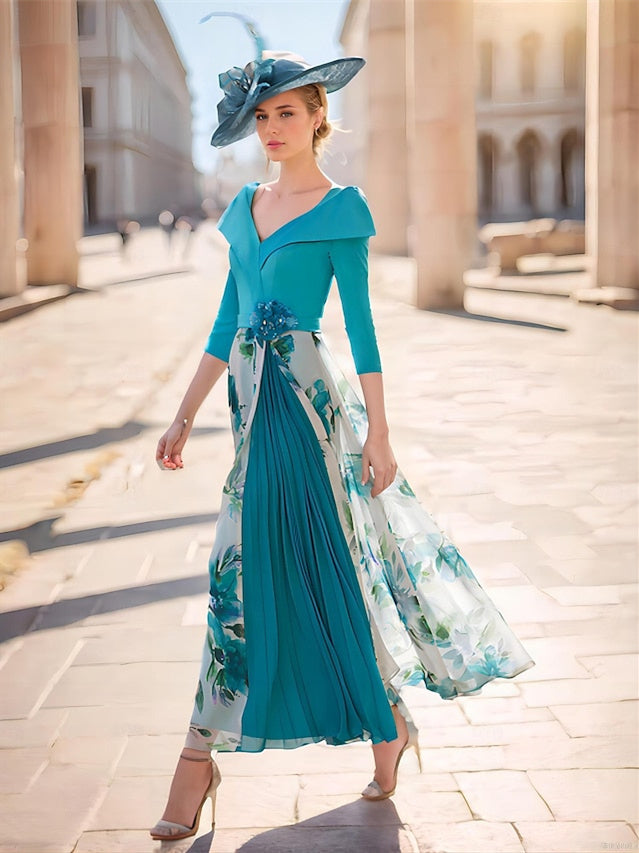 V-Neck A-Line Princess Floral Ankle-Length Dress for the Mother of the Bride with 3/4 Sleeves