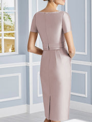 Knee-Length Satin Two-Piece Mother of the Bride Dress with Pearls and Jewel Neckline