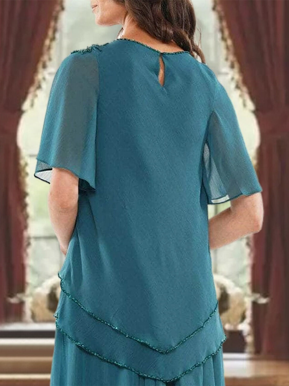 Princess A-Line Floor-Length Mother of the Bride Dress with Jewel Neck Short Sleeves Pleats & Beading