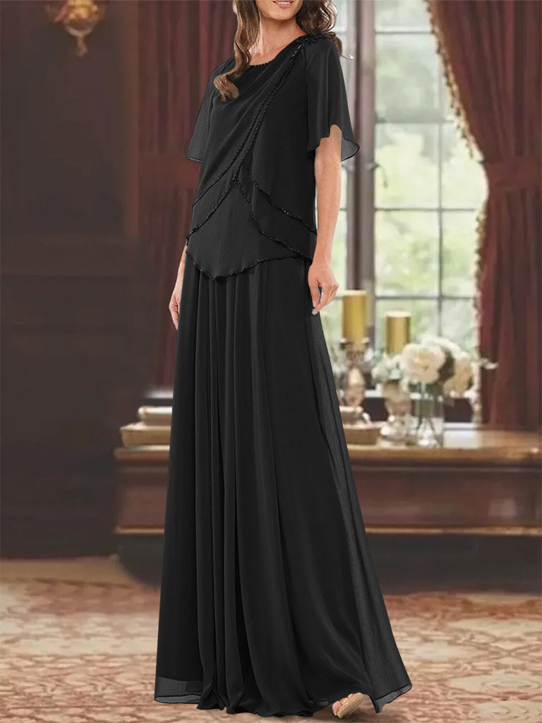 Princess A-Line Floor-Length Mother of the Bride Dress with Jewel Neck Short Sleeves Pleats & Beading