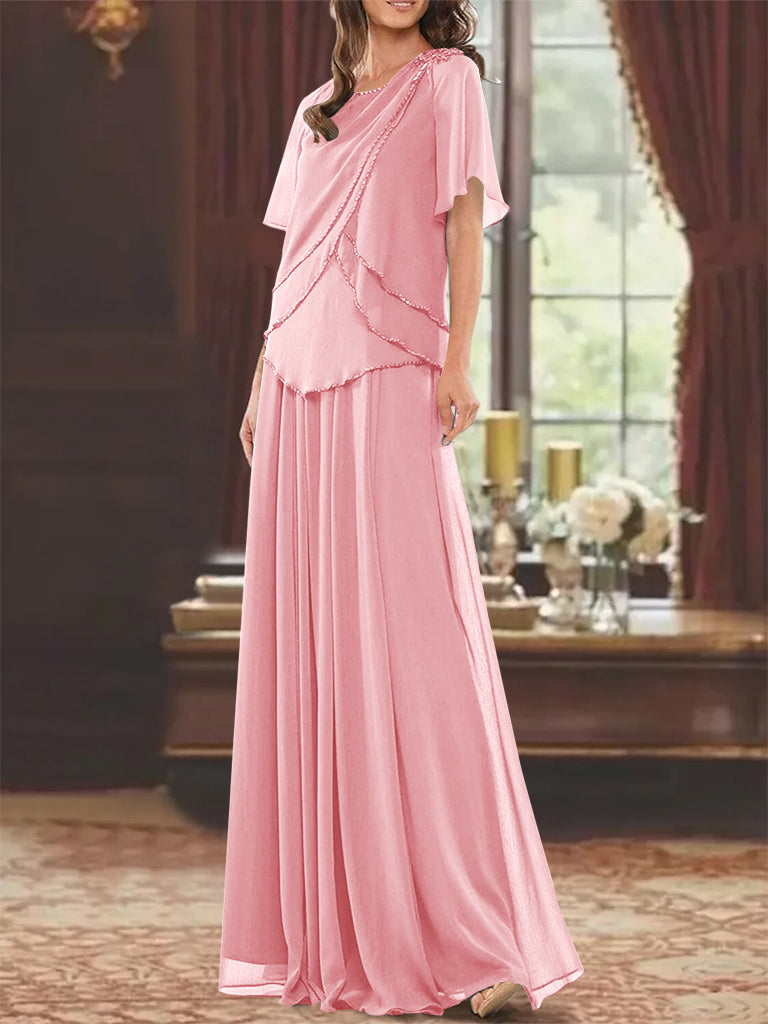 Princess A-Line Floor-Length Mother of the Bride Dress with Jewel Neck Short Sleeves Pleats & Beading