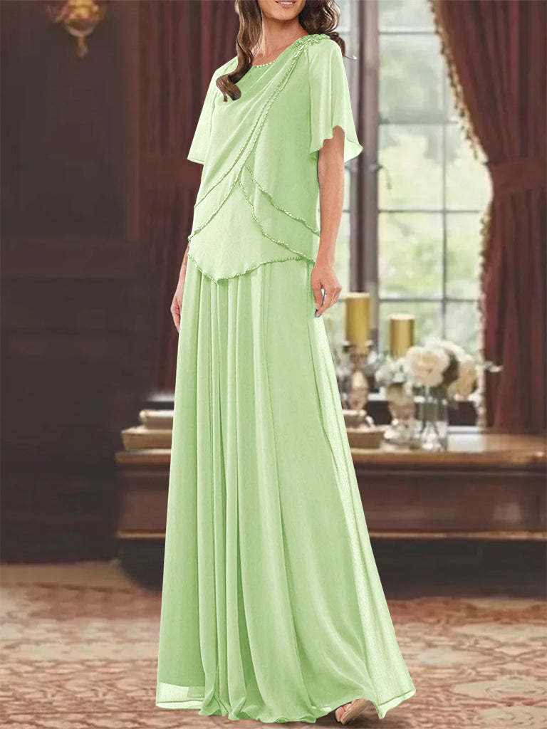 Princess A-Line Floor-Length Mother of the Bride Dress with Jewel Neck Short Sleeves Pleats & Beading