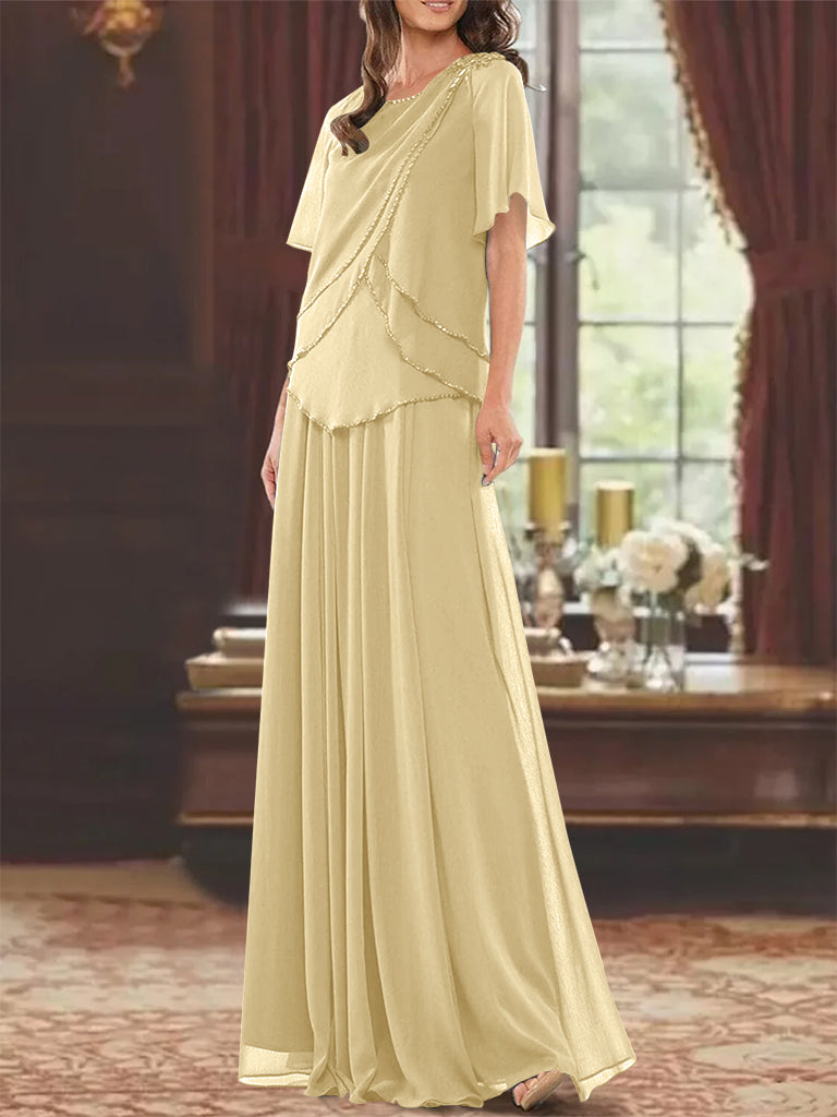 Princess A-Line Floor-Length Mother of the Bride Dress with Jewel Neck Short Sleeves Pleats & Beading