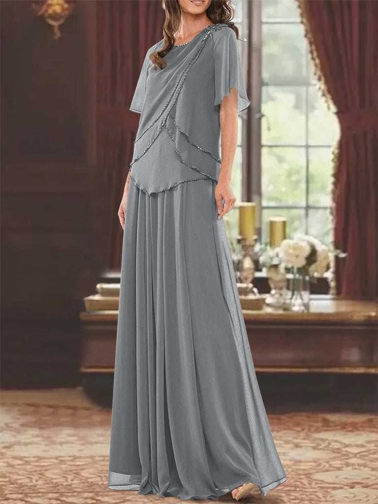 Princess A-Line Floor-Length Mother of the Bride Dress with Jewel Neck Short Sleeves Pleats & Beading