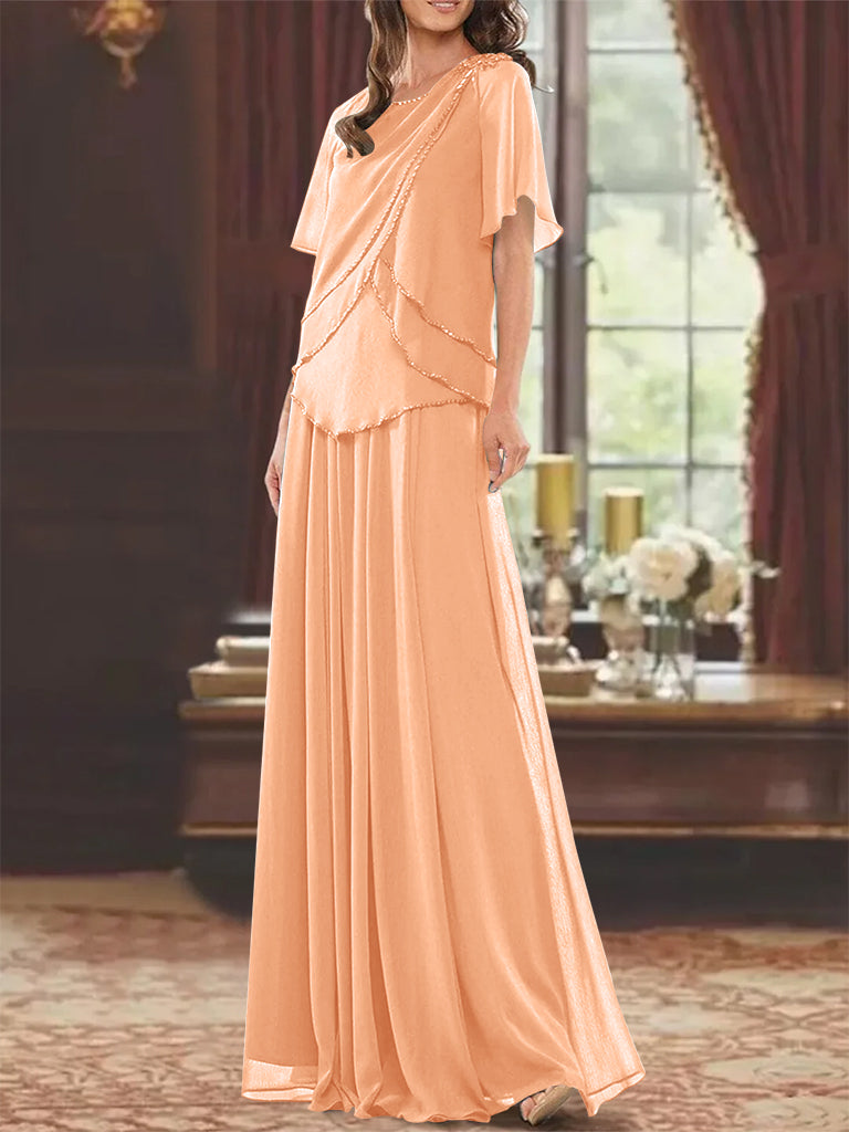 Princess A-Line Floor-Length Mother of the Bride Dress with Jewel Neck Short Sleeves Pleats & Beading