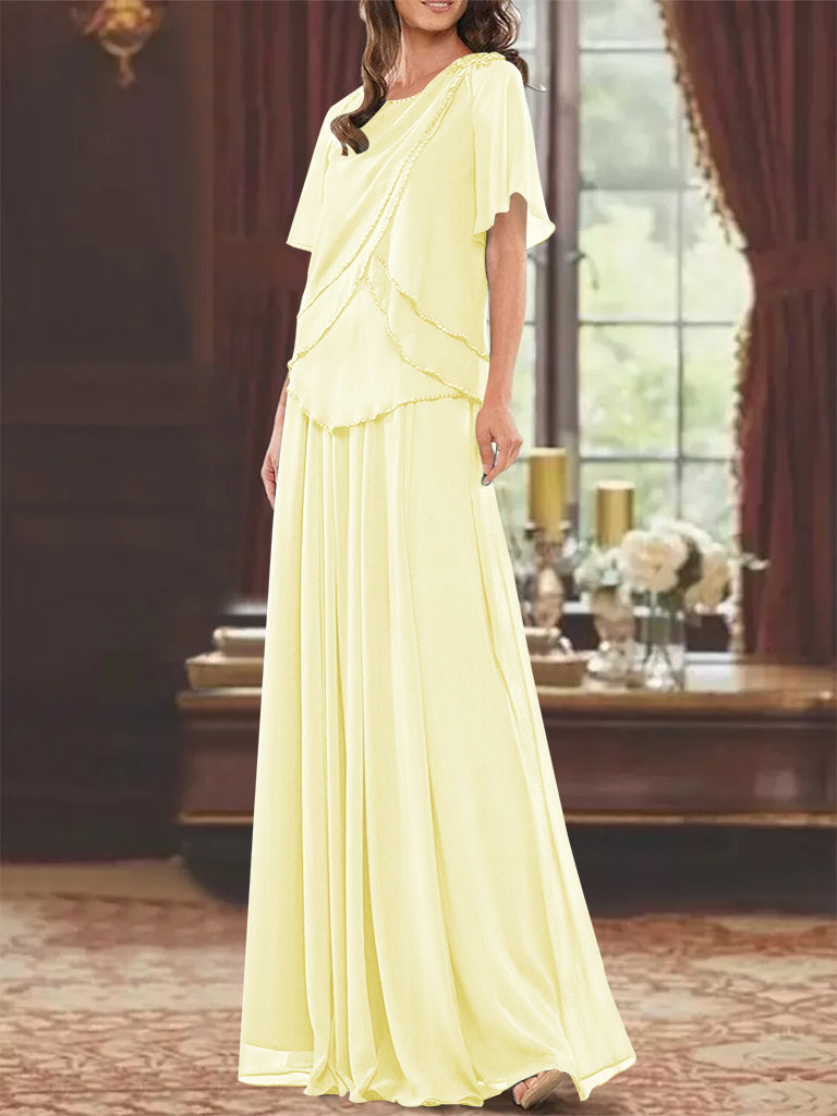 Princess A-Line Floor-Length Mother of the Bride Dress with Jewel Neck Short Sleeves Pleats & Beading