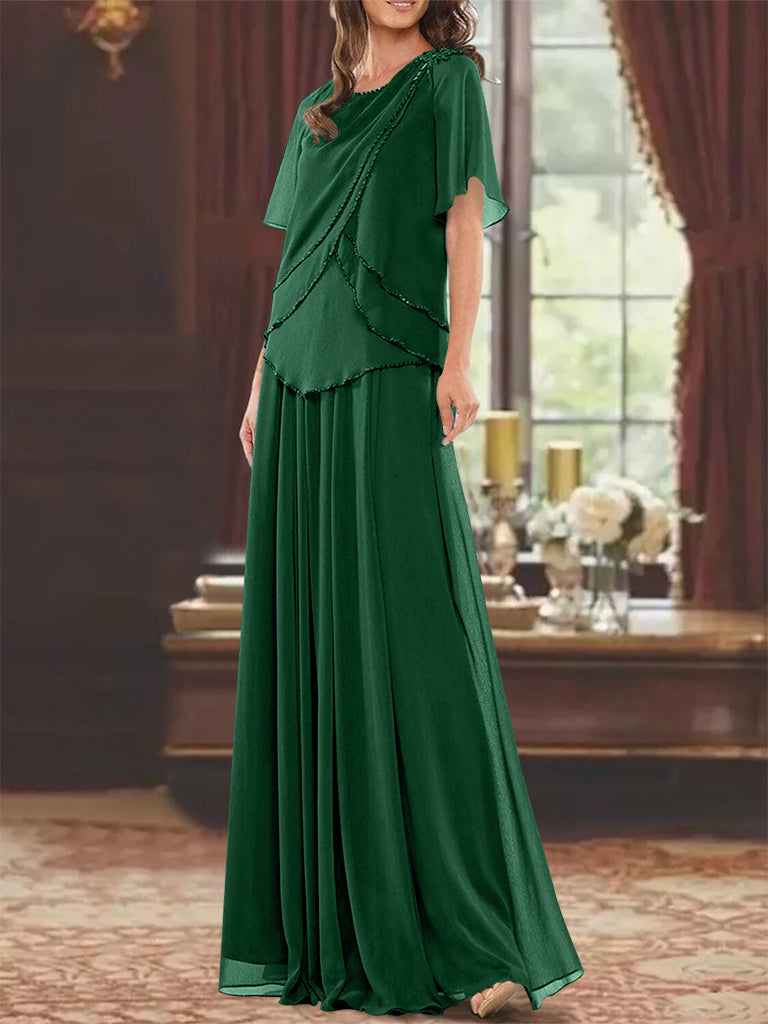 Princess A-Line Floor-Length Mother of the Bride Dress with Jewel Neck Short Sleeves Pleats & Beading