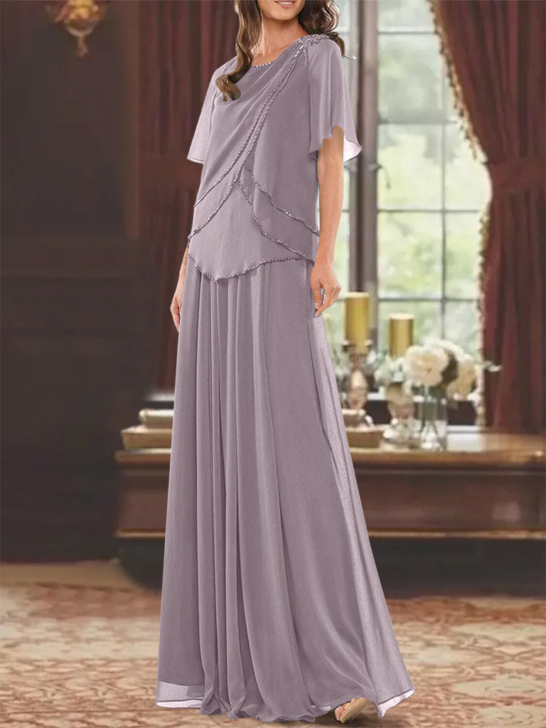 Princess A-Line Floor-Length Mother of the Bride Dress with Jewel Neck Short Sleeves Pleats & Beading