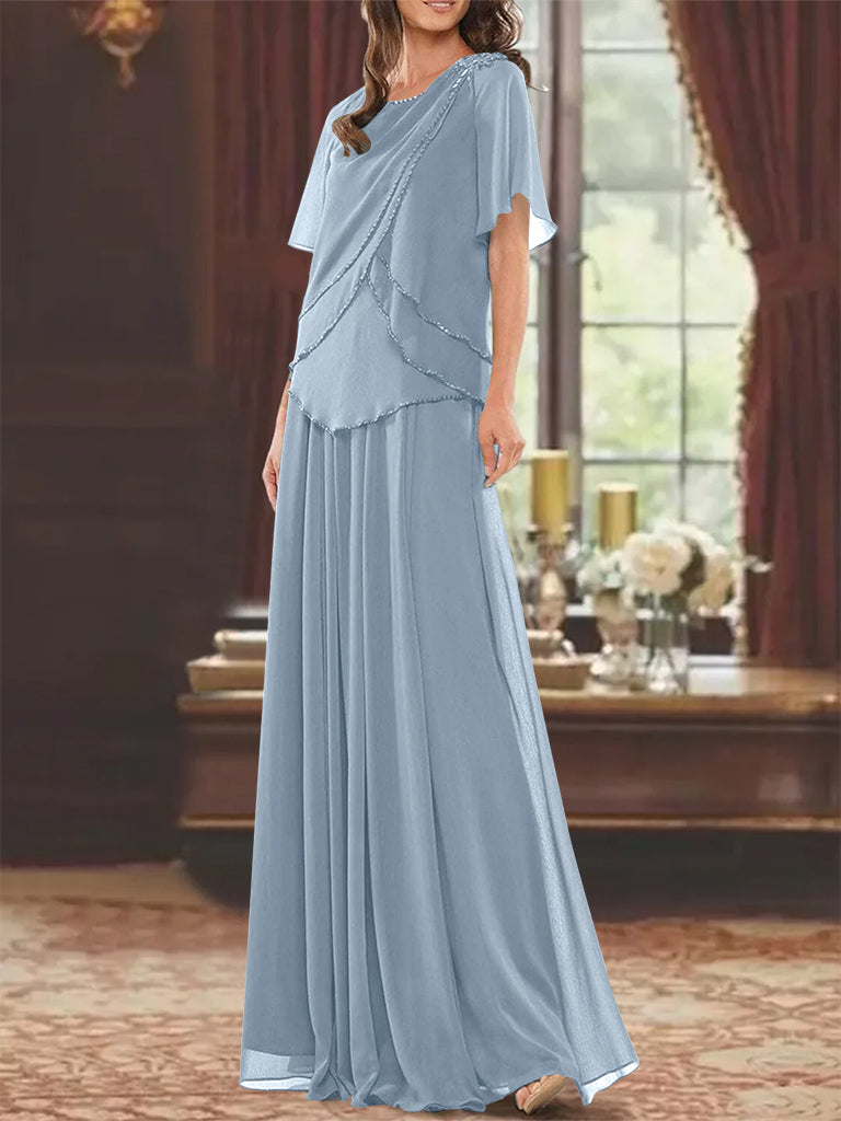 Princess A-Line Floor-Length Mother of the Bride Dress with Jewel Neck Short Sleeves Pleats & Beading