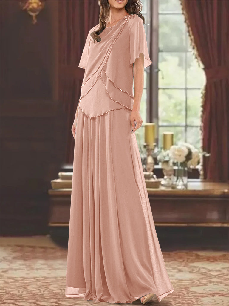 Princess A-Line Floor-Length Mother of the Bride Dress with Jewel Neck Short Sleeves Pleats & Beading