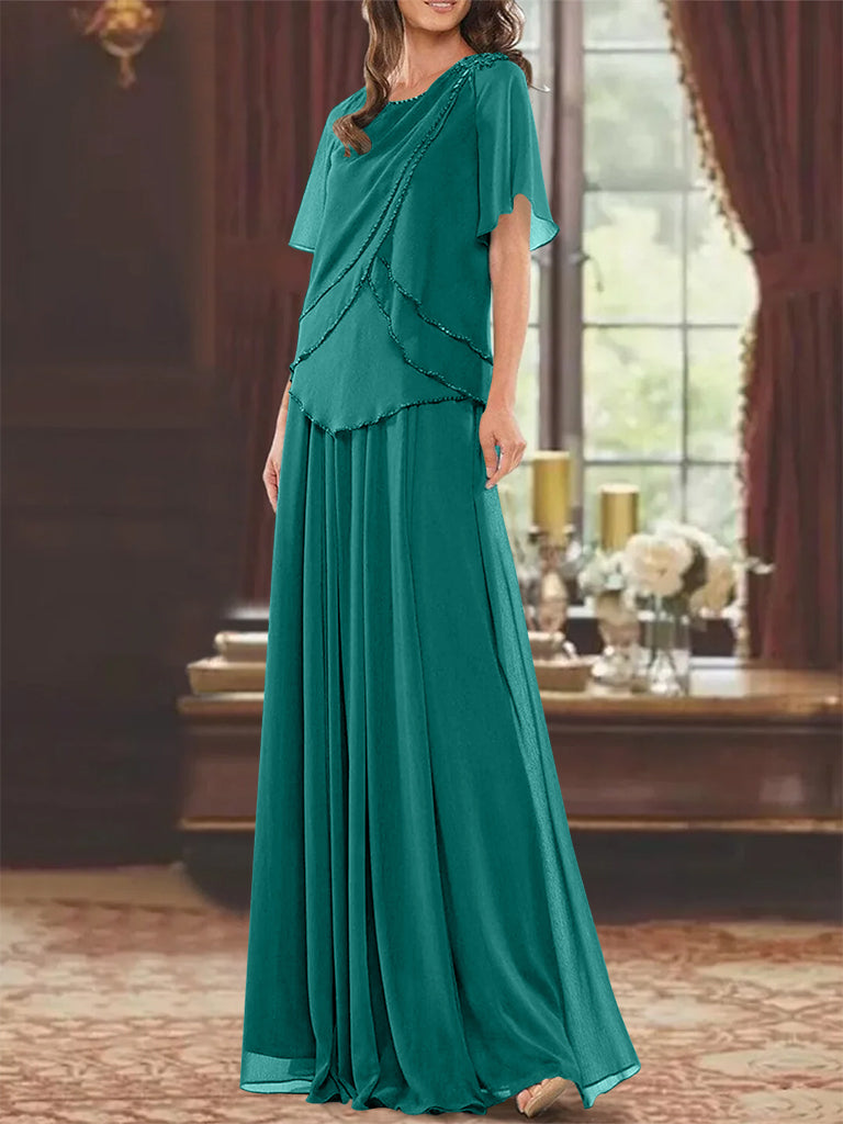 Princess A-Line Floor-Length Mother of the Bride Dress with Jewel Neck Short Sleeves Pleats & Beading