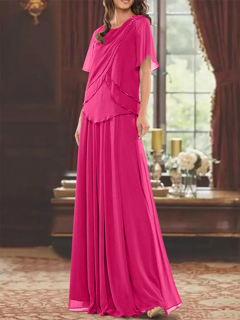 Princess A-Line Floor-Length Mother of the Bride Dress with Jewel Neck Short Sleeves Pleats & Beading