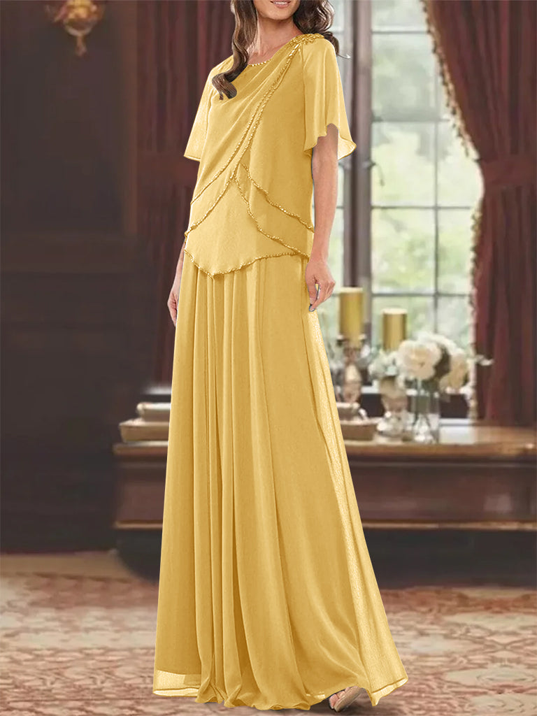 Princess A-Line Floor-Length Mother of the Bride Dress with Jewel Neck Short Sleeves Pleats & Beading