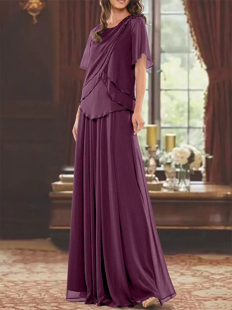 Princess A-Line Floor-Length Mother of the Bride Dress with Jewel Neck Short Sleeves Pleats & Beading