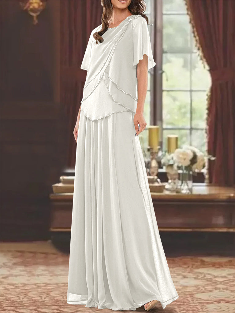 Princess A-Line Floor-Length Mother of the Bride Dress with Jewel Neck Short Sleeves Pleats & Beading