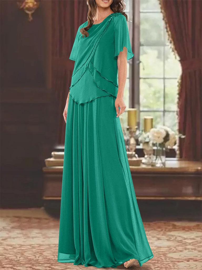 Princess A-Line Floor-Length Mother of the Bride Dress with Jewel Neck Short Sleeves Pleats & Beading