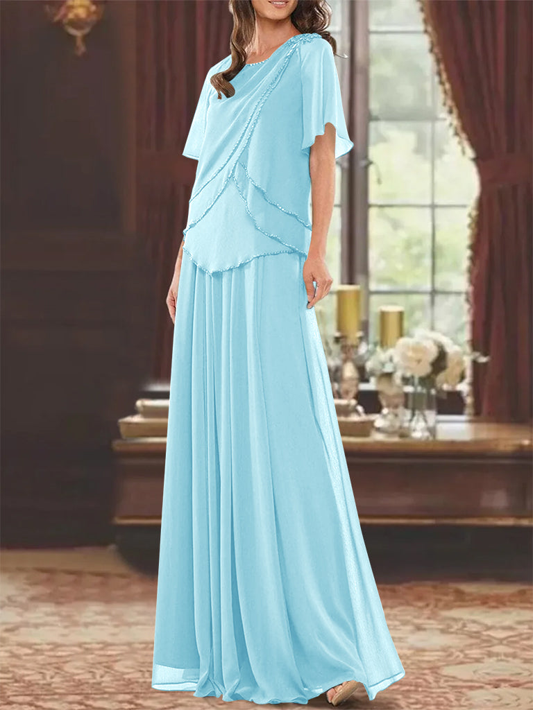 Princess A-Line Floor-Length Mother of the Bride Dress with Jewel Neck Short Sleeves Pleats & Beading