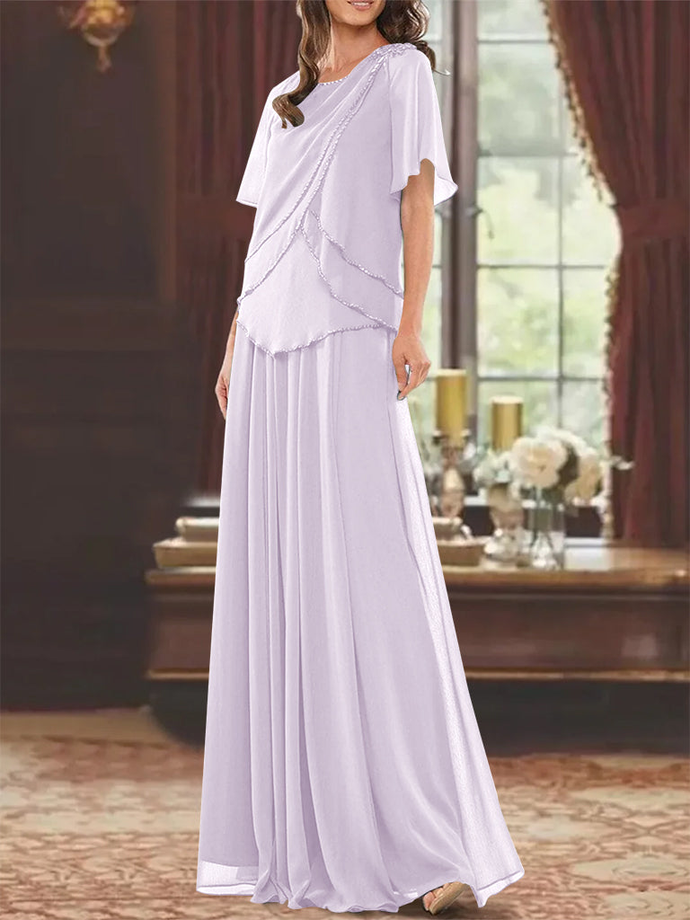 Princess A-Line Floor-Length Mother of the Bride Dress with Jewel Neck Short Sleeves Pleats & Beading