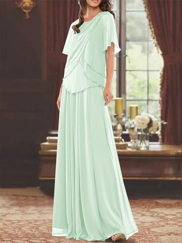 Princess A-Line Floor-Length Mother of the Bride Dress with Jewel Neck Short Sleeves Pleats & Beading
