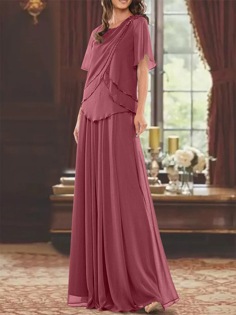 Princess A-Line Floor-Length Mother of the Bride Dress with Jewel Neck Short Sleeves Pleats & Beading