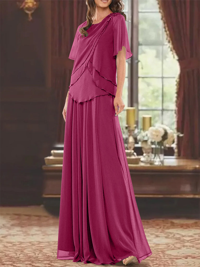 Princess A-Line Floor-Length Mother of the Bride Dress with Jewel Neck Short Sleeves Pleats & Beading