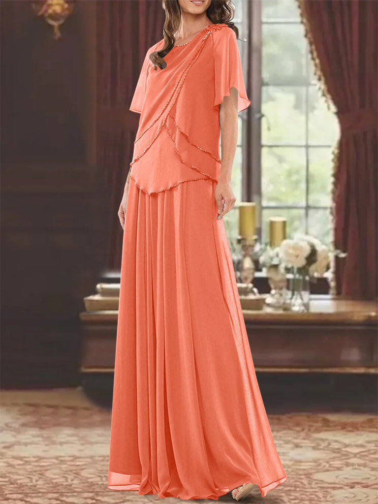 Princess A-Line Floor-Length Mother of the Bride Dress with Jewel Neck Short Sleeves Pleats & Beading