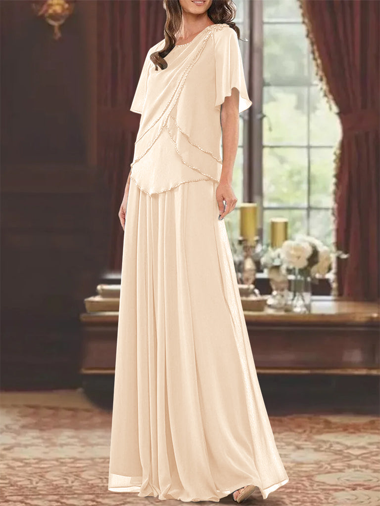 Princess A-Line Floor-Length Mother of the Bride Dress with Jewel Neck Short Sleeves Pleats & Beading