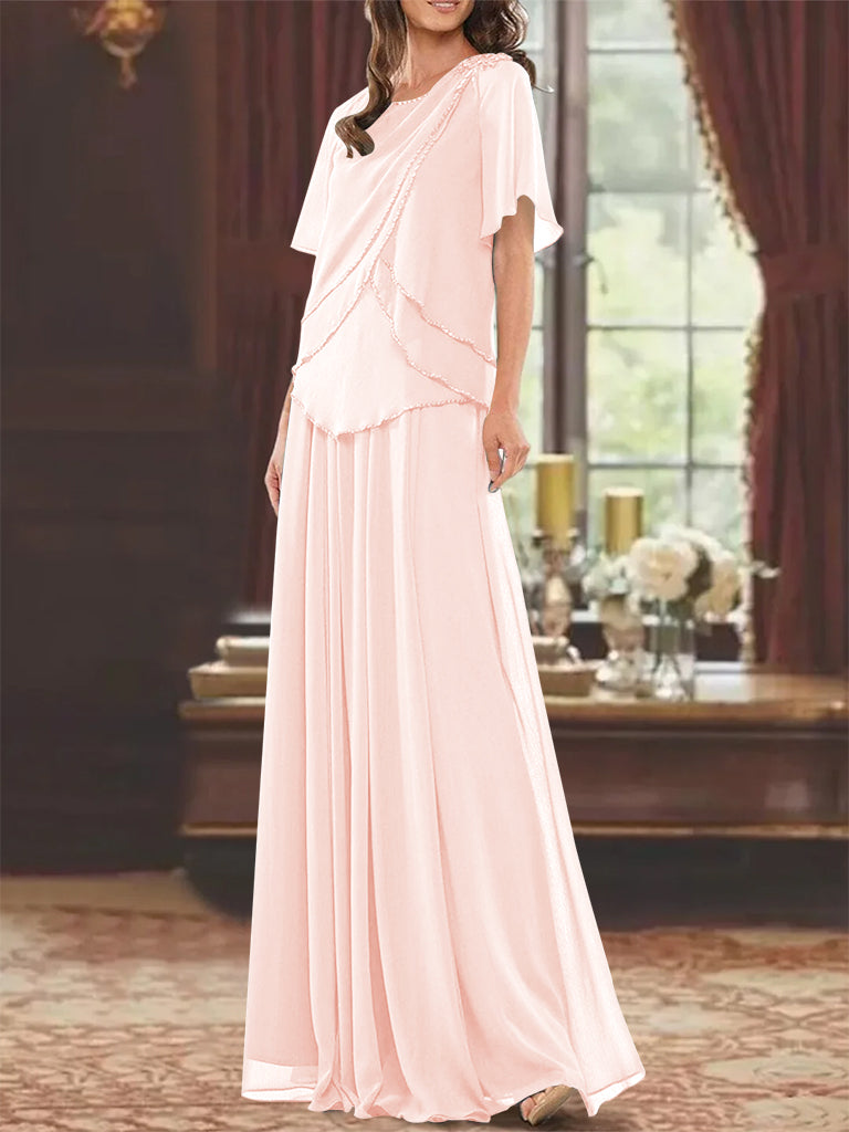 Princess A-Line Floor-Length Mother of the Bride Dress with Jewel Neck Short Sleeves Pleats & Beading