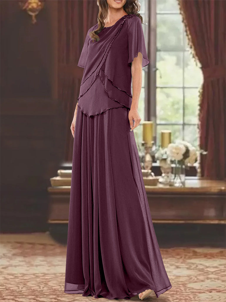 Princess A-Line Floor-Length Mother of the Bride Dress with Jewel Neck Short Sleeves Pleats & Beading